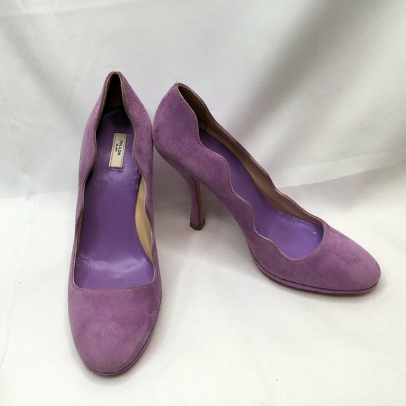 Prada Womens High Heels 38 Lavendar Suede Scalloped Edge Platform Leather Pumps - Picture 10 of 11